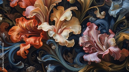 Oil painted colorful flowers; vivid and old styled creating a sense of medieval times. Popping out shapes, leaves and beads, stunning aesthetics and perspective. 