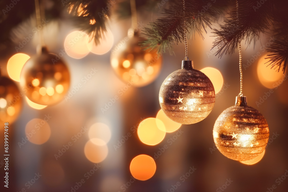 Merry Christmas and Happy New Year greeting card. Beautiful golden Christmas tree baubles hanging on branches. Generative AI. Merry Christmas and Happy New Year greeting card. Beautiful golden Christmas tree baubles hanging on branches. Generative AI.