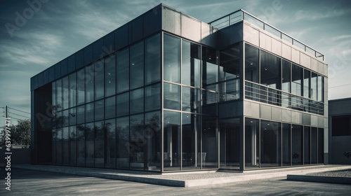 two story modern small industrial minimalist design style office building  incorporate glass elements.