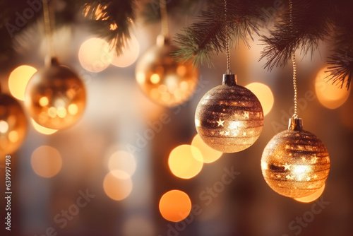Merry Christmas and Happy New Year greeting card. Beautiful golden Christmas tree baubles hanging on branches. Generative AI.