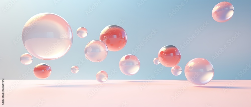 Floating spheres 3d rendering empty space for product show on pastel background. Generative AI Floating spheres 3d rendering empty space for product show on pastel background. Generative AI
