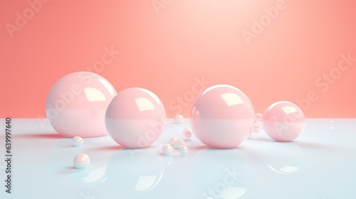 Floating spheres 3d rendering empty space for product show on pastel background. Generative AI