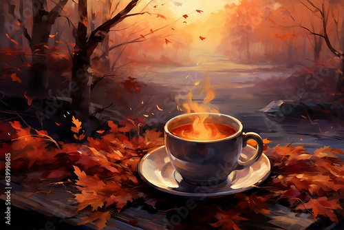 Cozy Autumn Vibes, Coffee Illustration on a Rustic Background