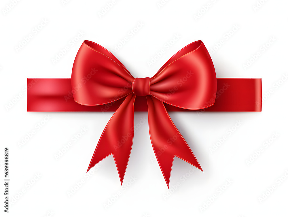 Fototapeta premium A vibrant red ribbon bow elegantly crafted, set against a pure white background. The bow's intricate design and rich hue make it a focal point, perfect for celebrations and special occasions