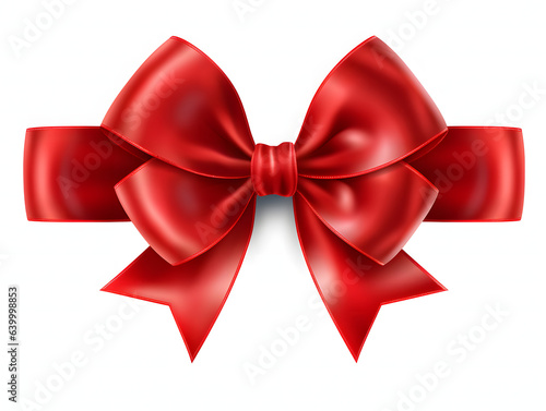 A vibrant red ribbon bow elegantly crafted, set against a pure white background. The bow's intricate design and rich hue make it a focal point, perfect for celebrations and special occasions