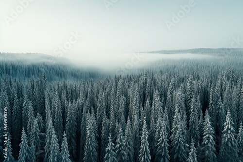 Aerial view photography of Pine Trees Covered With Snow in froggy forest © Maria Tatic