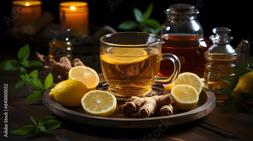 Ginger tea with lemon and honey on a wooden table 