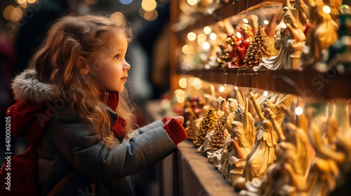 A smiling girl toddler with blonde hair at a Christmas market looking at christmas ornaments  christmas lights  candles  white christmas snow happy holidays 