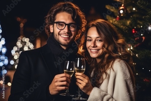 A happy young couple, a man and an attractive girl, with glasses of champagne by the Christmas tree. Meeting the new year