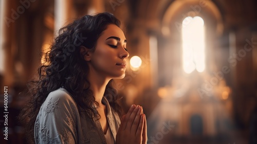 Leinwand Poster attractive woman praying in the church