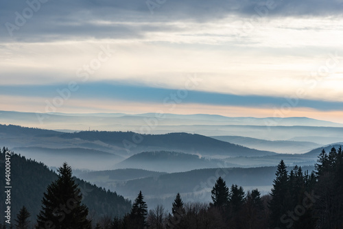 Soft fog in the mountains during sunset