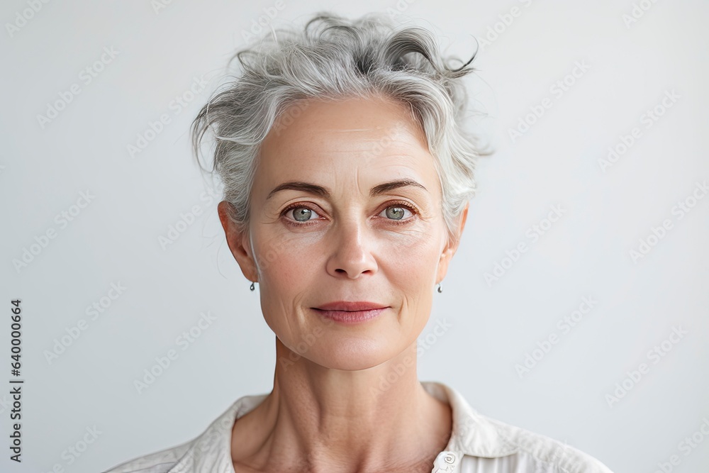 Fictional smiling woman in her 50s wearing a white shirt.