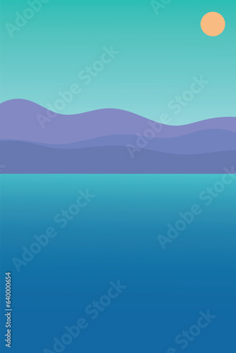 Sea, sun, mountains and sky, abstract gradient background. Vector illustration.