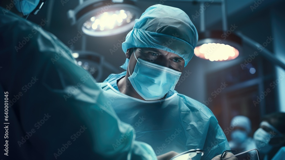 This hyper-realistic stock image offers a detailed portrayal of a surgical procedure in an operating room. The healthcare professional is dressed in surgical scrubs This hyper-realistic stock image offers a detailed portrayal of a surgical procedure in an operating room. The healthcare professional is dressed in surgical scrubs