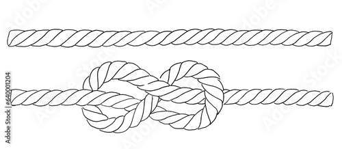 Set of knotted ropes cords eight knots. Nautical thread whipcord with loops and noose. Twisted, braided, folded, spiral fiber. Illustration hand drawn graphic in black on white.