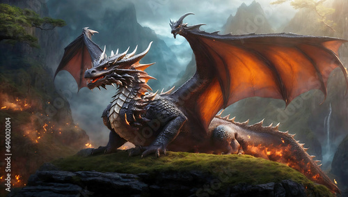 An iridescent-winged dragon mythological being Illustration of a dark fantasy wallpaper. Generative AI