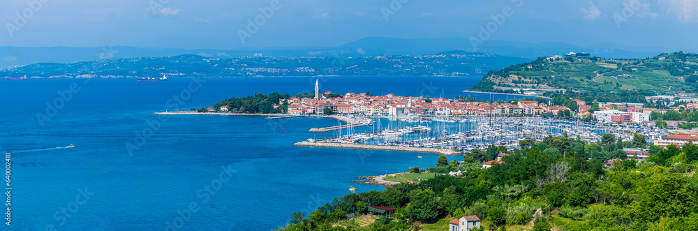 A panorama view towards the coastal town of Izola, Slovenia in summertime