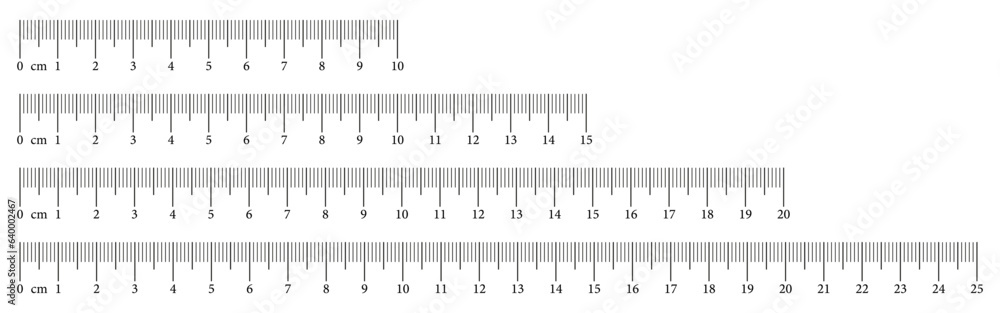 Collection measuring charts with 10,15, 20, 25 centimeters. Set of eps templates rulers scale with numbers. Length measurement math, distance, height, sewing tools. Vector illustration. Collection measuring charts with 10,15, 20, 25 centimeters. Set of eps templates rulers scale with numbers. Length measurement math, distance, height, sewing tools. Vector illustration.