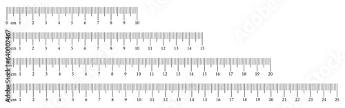 Collection measuring charts with 10,15, 20, 25 centimeters. Set of eps templates rulers scale with numbers. Length measurement math, distance, height, sewing tools. Vector illustration. photo