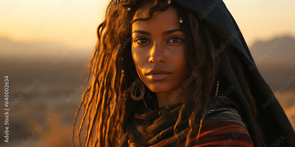 portrait of a beautiful and mysterious woman covered in a oriental chador, a lonely female nomad in a desert landscape portrait of a beautiful and mysterious woman covered in a oriental chador, a lonely female nomad in a desert landscape