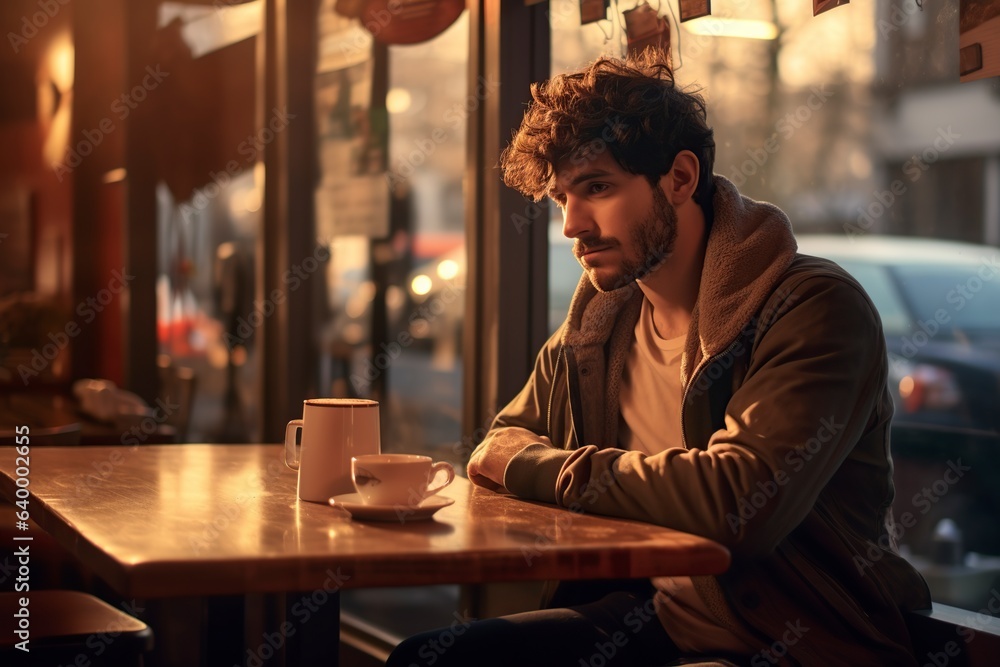 young man sitting drinking coffee