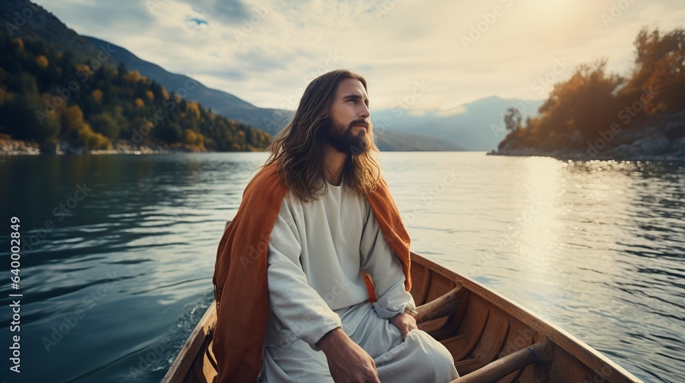 Fototapeta premium Jesus Christ on the lake in a boat