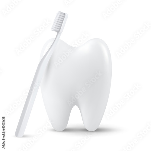 Vector 3d Realistic Tooth with Toothbrush Isolated on White Background. Medical Dentist Design Template, Clipart. Dental Health Concept