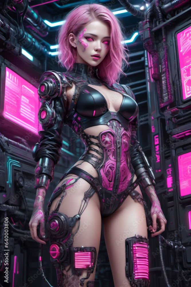 Portrait of a futuristic female with pink futuristic dress technology expert, tuner, or hacker. Pink theme cyborg woman.