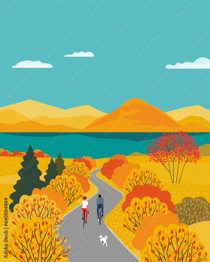 Idyllic autumn Fall countryside serene vector landscape. Couple riding bicycles enjoy Fall season colorful forest, mounts scenic scenery background. Autumnal weekend holiday tourist trips illustration