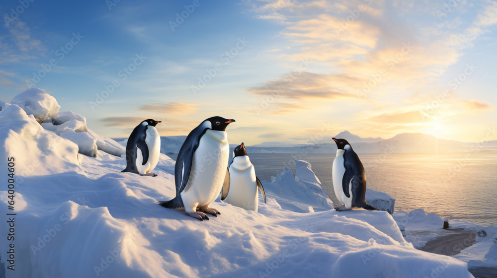 Four penguins stand on a snowy cliff edge overlooking an ocean with a sunrise background.