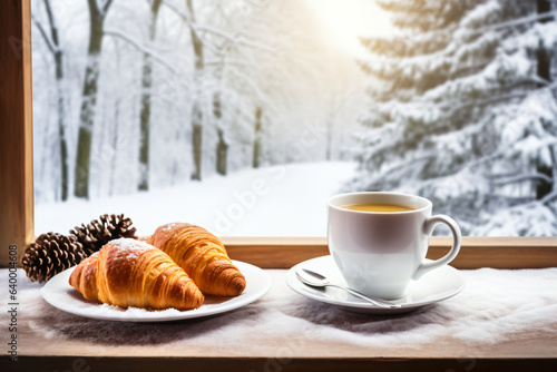 winter scene features a coffee cup, golden croissants on a plate, and pine cones, on a windowsill overlooking a bright sunlit snowy forest.
