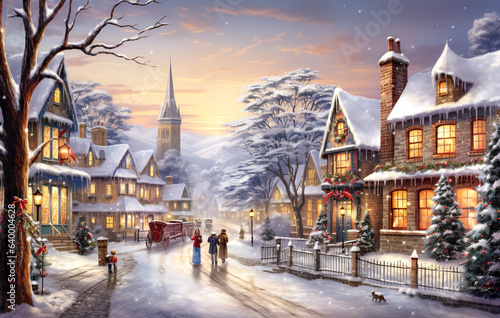 Christmas village with Snow in vintage style. Winter Village Landscape. Christmas Holidays. Christmas Card. digital ai