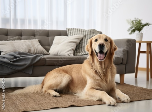 The embodiment of companionship A close up portrayal of a robust Labrador reclining on a gray rug within the comforts of a contemporary living space. The golden retriever rests serenely.