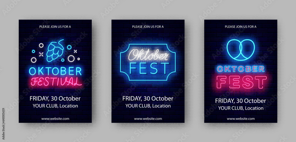 Fototapeta premium Oktoberfest neon vertical posters collection. Traditional event. Alcohol party. October evening. Vector illustration