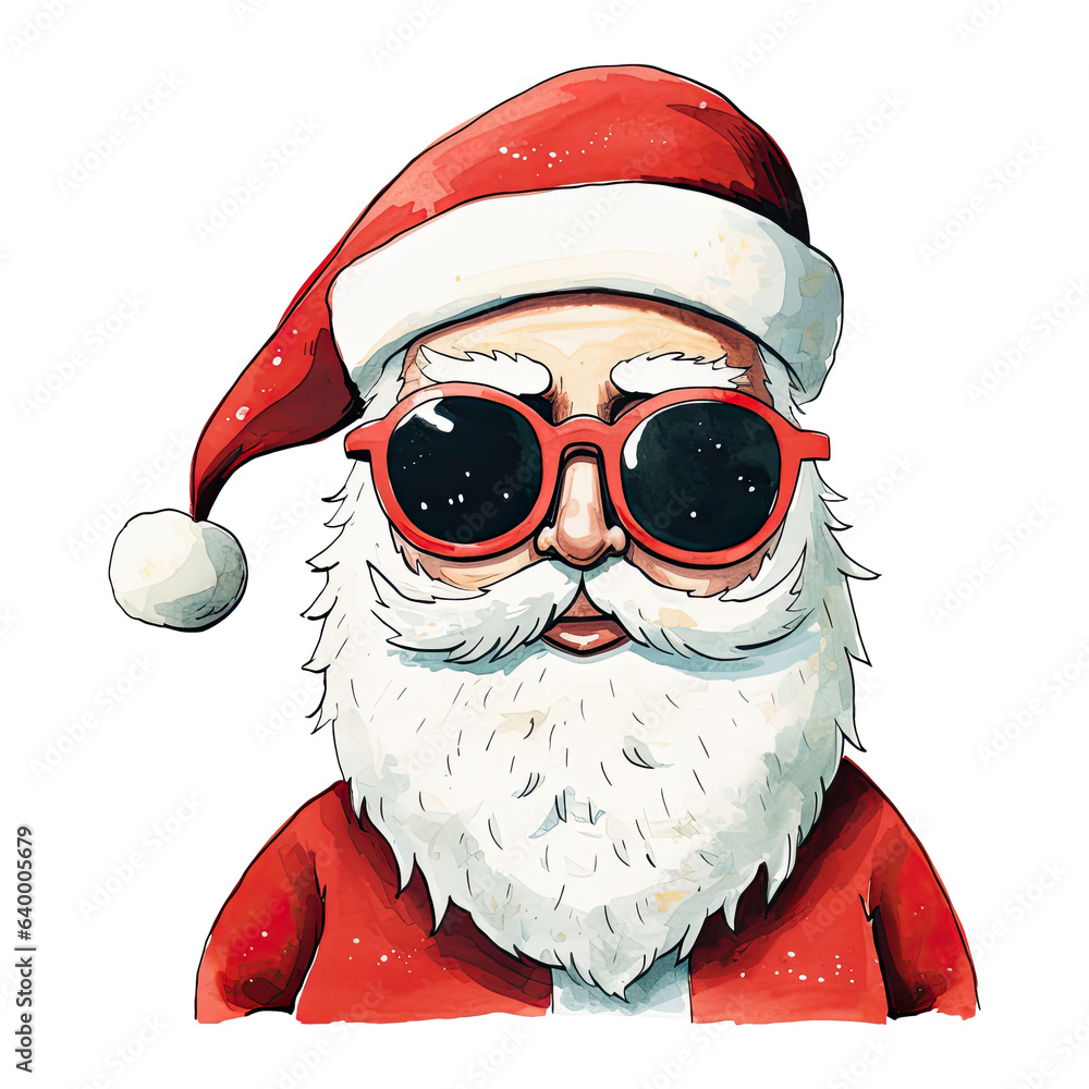 Cute cartoon cool Santa Claus with sunglasses, Merry Christmas watercolor illustration, isolated background