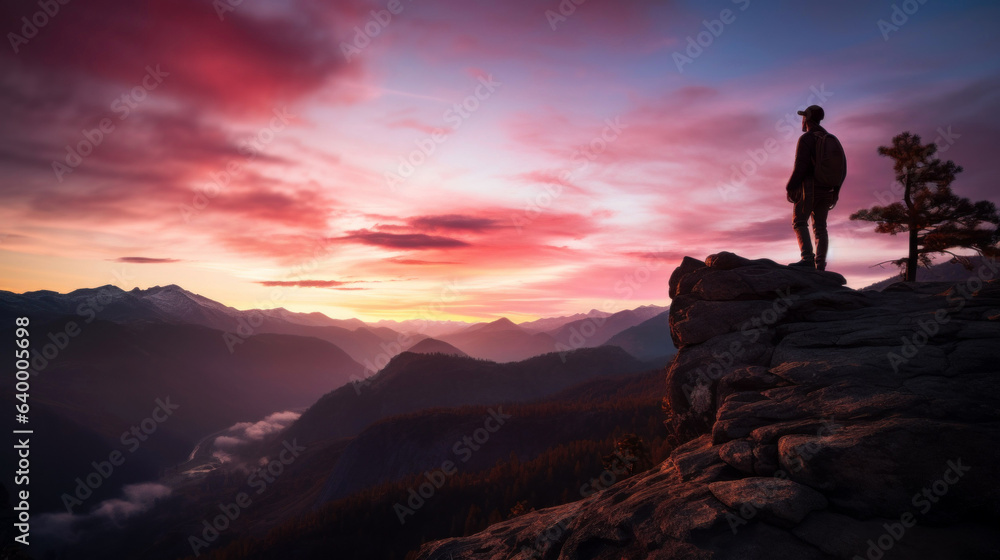 National Live Fearless Day, September 2. A fearless hiker is standing on an overhanging rock enjoying the view on sunset sky background. Live fearlessly.