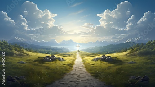 Gerader steiniger Weg zu einem Kreuz am Horizont mit Licht und Wolken