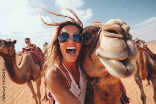 Happy tourist having fun enjoying group camel ride tour