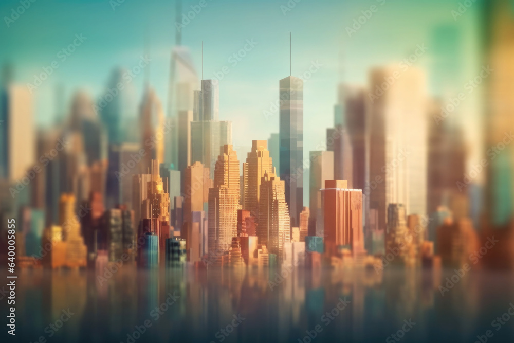 Tilt shift blur effect. Abstract futuristic cityscape with modern skyscrapers. Generative AI