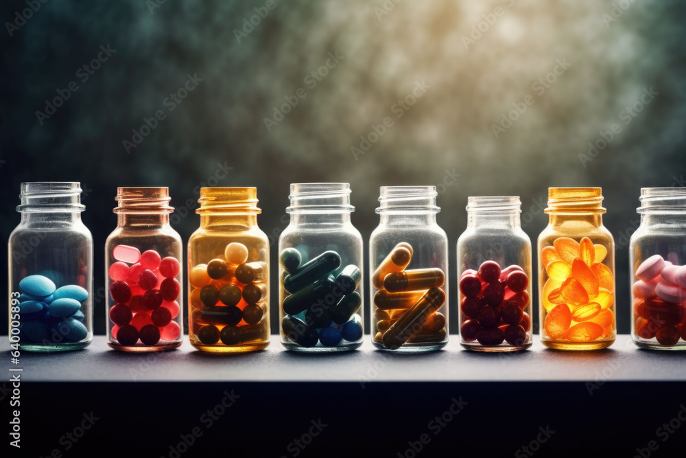 Various medical capsules and tablets in jars. Biologically active additives. Generative AI Various medical capsules and tablets in jars. Biologically active additives. Generative AI
