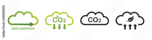 Carbon dioxide emissions. Green cloud and co2 reduction icon. Air pollution symbols. Vector illustration isolated on white background.