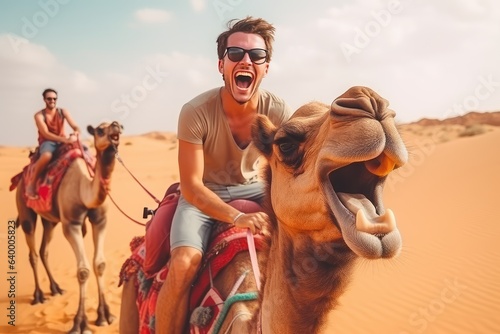 Happy tourist having fun enjoying group camel ride tour © Celina