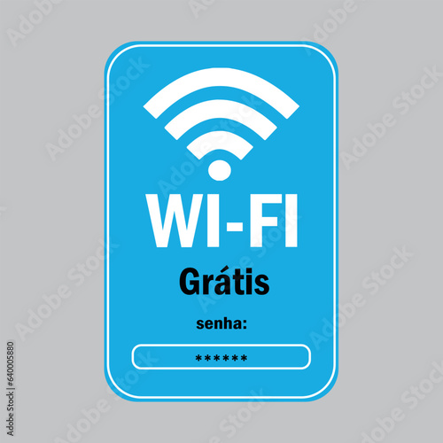 Wi-fi Grátis Placa Informativa sobre Internet Livre. Arte de fundo azul com detalhes em preto e branco com espaço para senha.