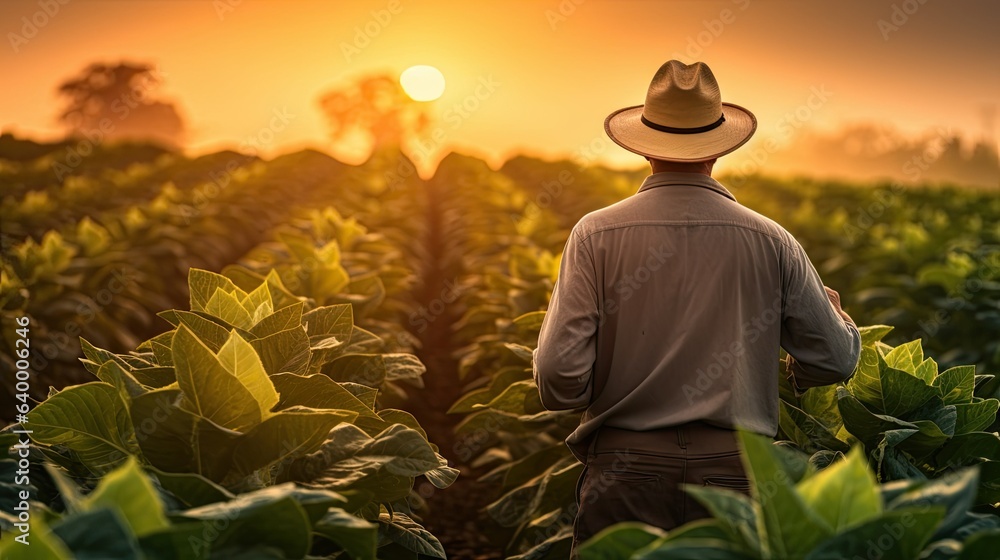 Farmer in tobacco field at sunset Farmer in tobacco field at sunset