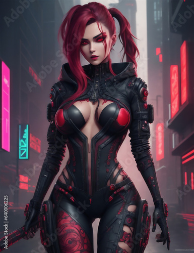 Portrait of a futuristic female with red futuristic dress technology expert, tuner, or hacker. Red theme cyborg woman.