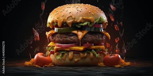 tasty burger with cheese, delicious food, restaurant advertisement