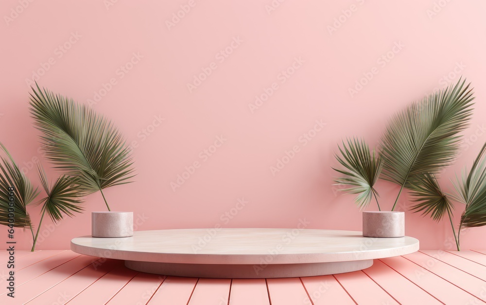 Wooden podium for the display of cosmetic products with tropical leaves. pink advertising background for the product. Wooden podium for the display of cosmetic products with tropical leaves. pink advertising background for the product.