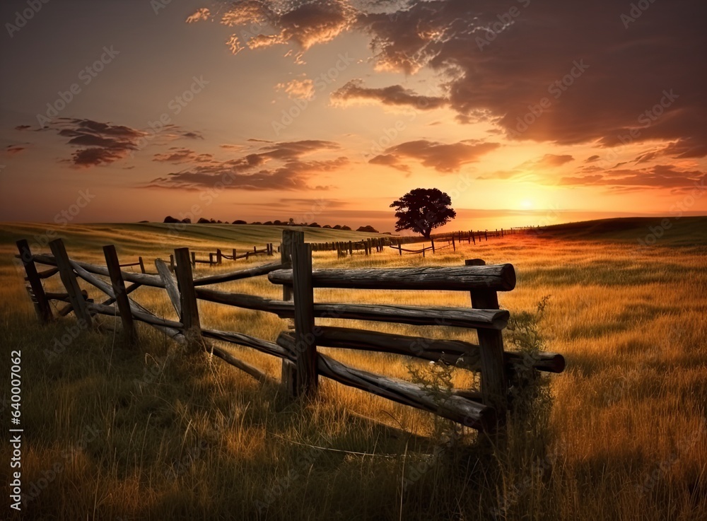 A rural landscape adorned with fields of verdant grass, harmonizing with the hues of a setting sun in the background. A rural landscape adorned with fields of verdant grass, harmonizing with the hues of a setting sun in the background.