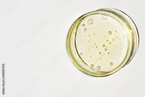 Petri dish with oil and drops of water, white background, copy space