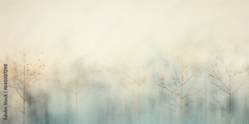 Misty mood in the winter forest. Gold, grey, brown beige, pale blue and green ink trees illustration. Romantic and mourning landscape for seasonal or condolence greetings.